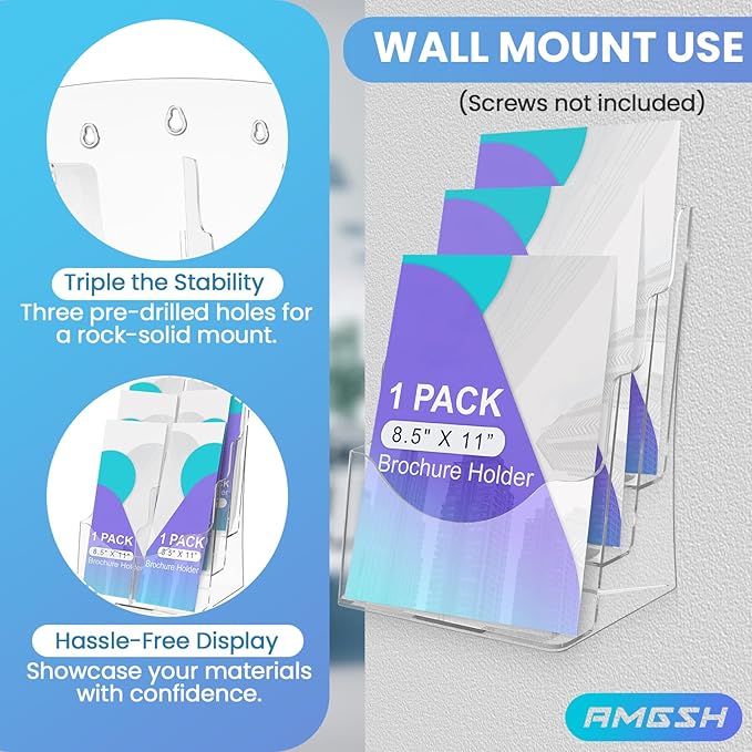 3 Tier Brochure Stand - Acrylic Literature Holder with Removable Divider for 4' x 9' Brochure, Clear Flyer Holder Pamphlet Display Stand