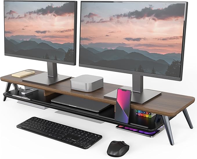 Fenge Dual Monitor Stand, Monitor Stands Riser for 2 monitors, 42.5 Inch Wood Desk Shelf with Storage Organizer and Cable Management for Office Desk Accessories