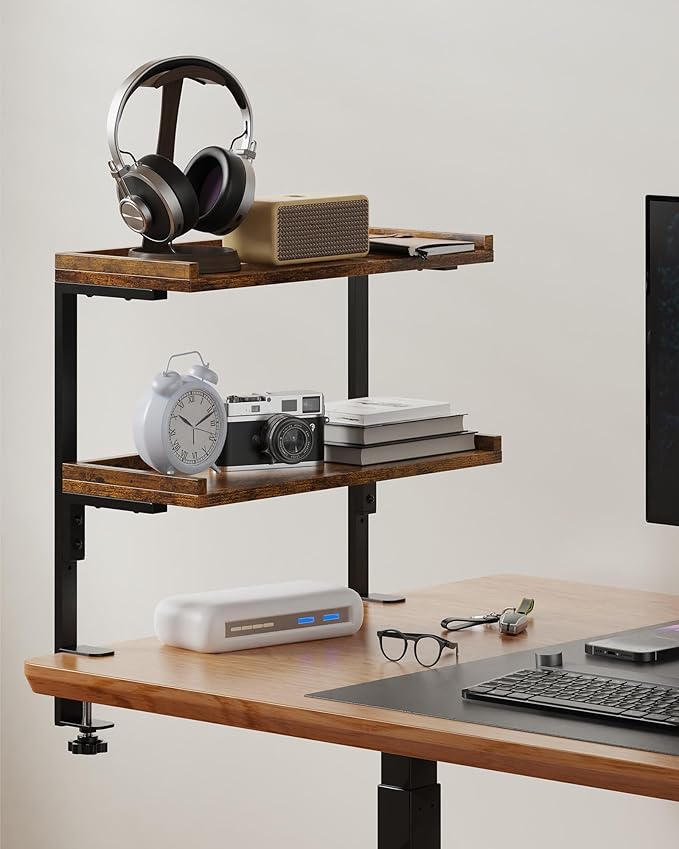 Clamp On Desk Shelf 2-Tier, 16.5 in Wood Shelving Unit for Office Desk/Gaming Accessories, Tabletop Book Storage Rack, Shelf for Top of Desk, Brown