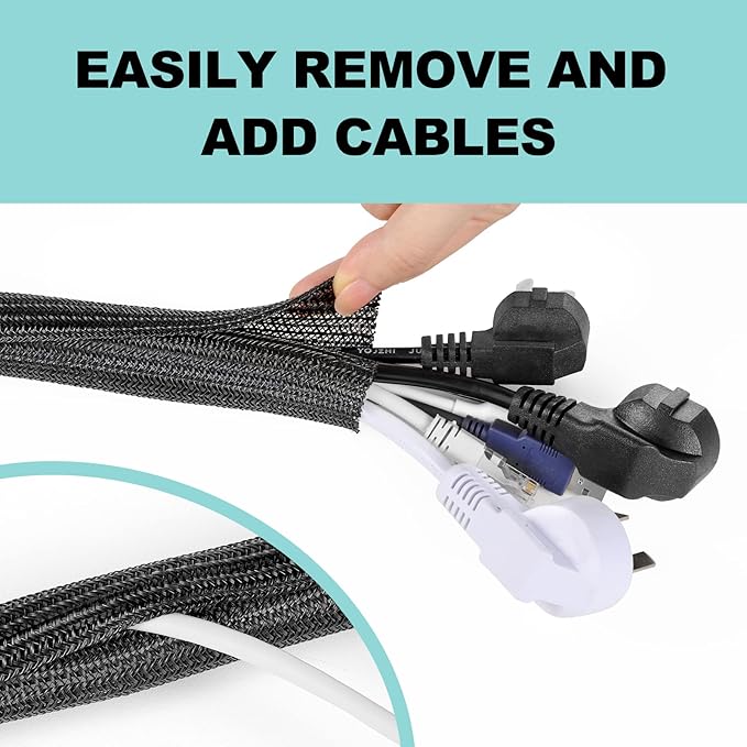 AGPTEK Cable Sleeve, 10ft - 1 inch Cable Management Desk Cord Cover Organizer Wire Hider for Home Office Computer TV Wire Loom Tubing Pet Proof Cord Protector from Cat Dog Chewing, Black