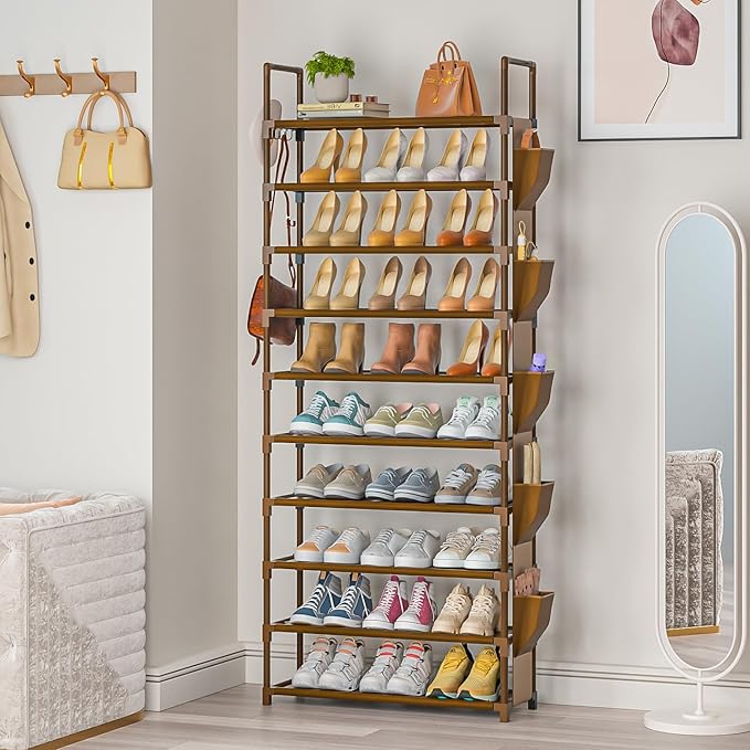 LUKYTOWER Tall Shoe Rack - 10 Tier Organizer for Closet, 30-35 Pairs, Large Capacity with 5 Hooks and Side Pocket, Sturdy Shoe Shelf, Vertical Shoe Stand Tower
