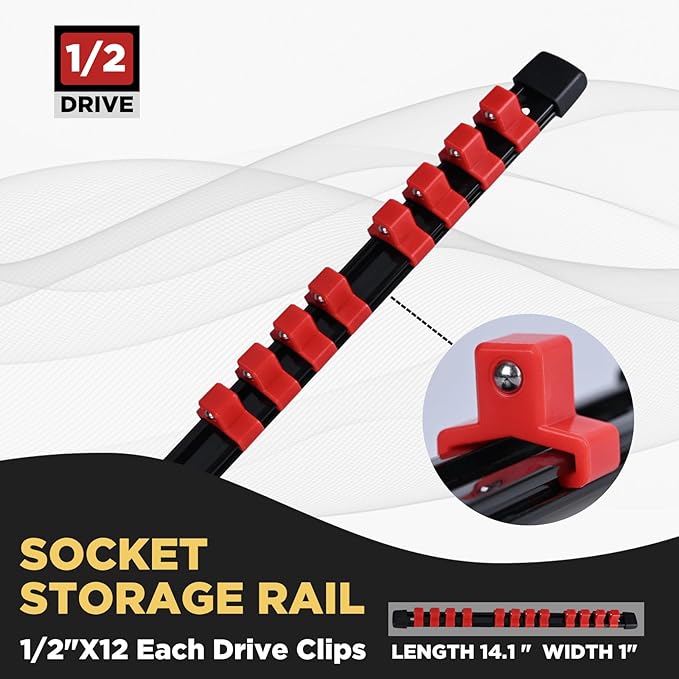 Socket Organizer, 1/2-Inch Drive Heavy Duty Socket Holder Kit ABS, Socket Rail 1/2-Inch x 12 Clips Red, 3 Pieces