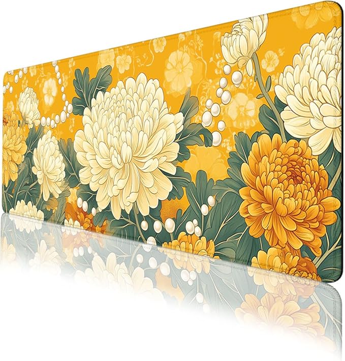 Flower Gaming Mouse Pad Autumn Chrysanthemum Yellow Vintage Floral Mousepad XL Large Gaming Mouse Pad Laptop Keyboard Mat Desk Pad 31.5"x11.8"