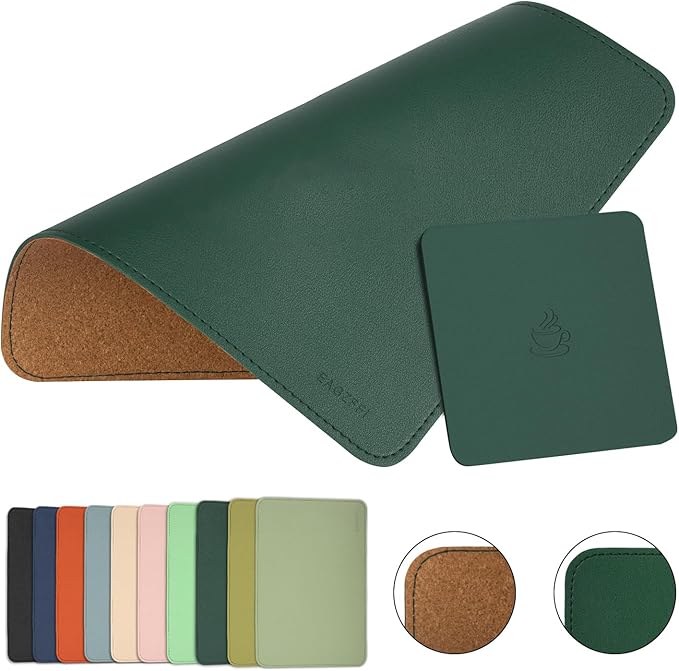 Double-Sided PU Leather & Cork Mouse Pad with Coaster – Reversible, Non-Slip, Stitched Edges for Office & Home, 8x11 Inches,(Blackish Green)