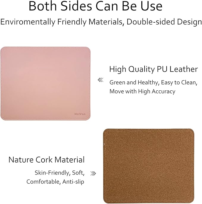 MelVan PU Leather Mouse Pad with Stitched Edge, Wood Mousepad, Waterproof Gaming Mouse Pad Mat for Computers, Laptop, Office & Home, 10.2" x 8.3", 1 Pack (Pink)