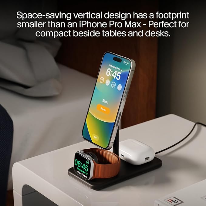 Twelve South HiRise 3 Deluxe Twelve South 3-in-1 MagSafe + Qi2 Charging Stand for iPhone, Watch, and AirPods, Black