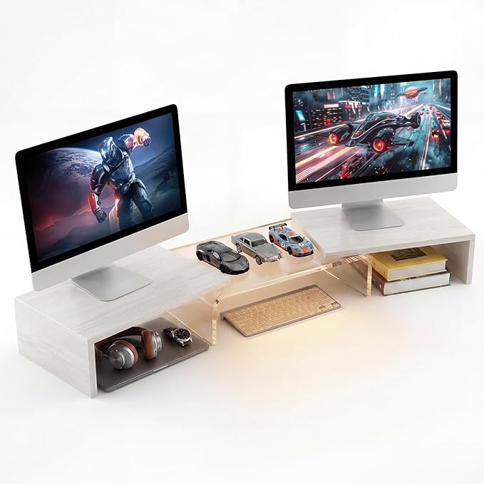Dual Monitor Riser, Acrylic Monitor Riser with Keyboard Storage, Adjustable Angle & Length Computer Monitor Stand, Wide Desk Shelf for Top of Desk for Home Office_White Maple Look