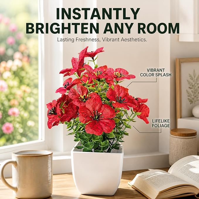 Fake Potted Flowers, Small Artificial Plants Indoor, Spring Decorations for Home, Mini Fake Flowers with Pot for Office Desk, Bathroom & Room Decor
