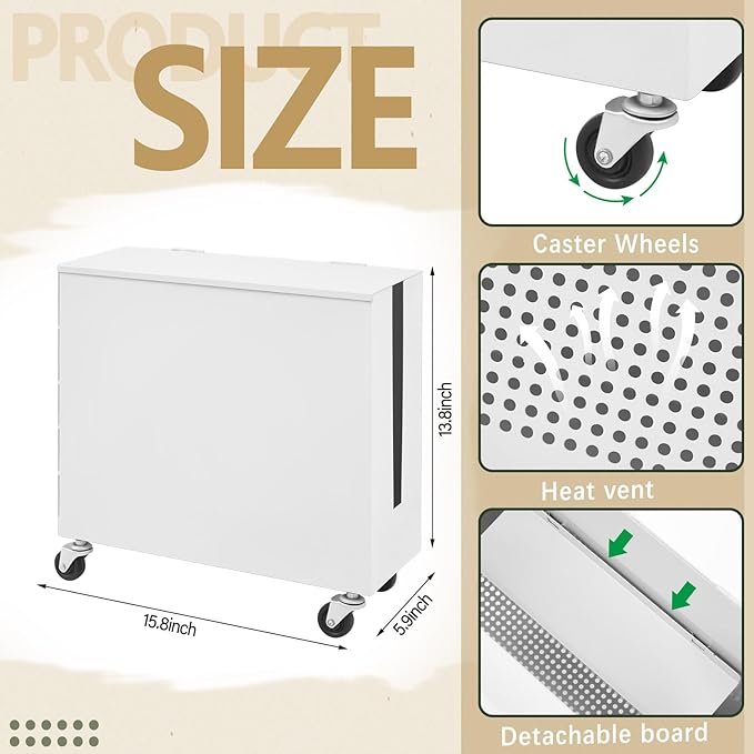 Briwooody Extra Large Cable Management Box with Caster Wheels Adjustable Cord Hider Box for Power Strip Metal Router Hider Organizer Surge Protector Storage Organizer for Office, Home(White)