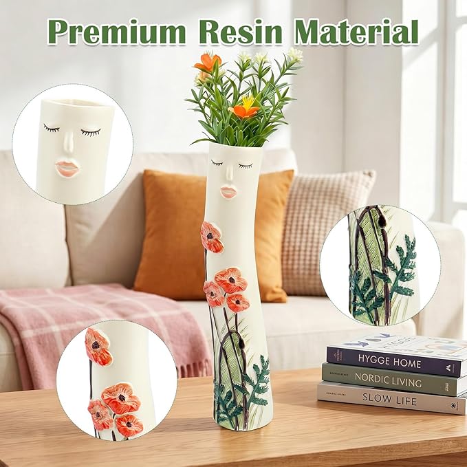 Cute Face Bud Vase, Hand Painted Resin Mini Vase, Boho Decorative Vase for Desk Shelf Living Room Decor, Unique Gift Idea for Women (Face & Orange Blooms)