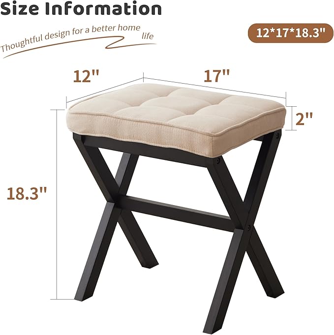 Foot Stool Small Ottoman Foot Rest Padded Foot Stool Desk for Under Office Desk Vanity Stool Bamboo Footstool Sofa Footrest Shoe Stool Small (Black Legs + Beige)