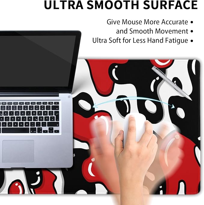 Red Black White Mouse Pad XL 31.5”x11.8” Anime Cool Geometric Japanese Desk Mat Non-Slip Rubber Base Stitched Edge Extended Keyboard Mouse Mat Desk Pad Large Mousepad for Home Office Work Desktop