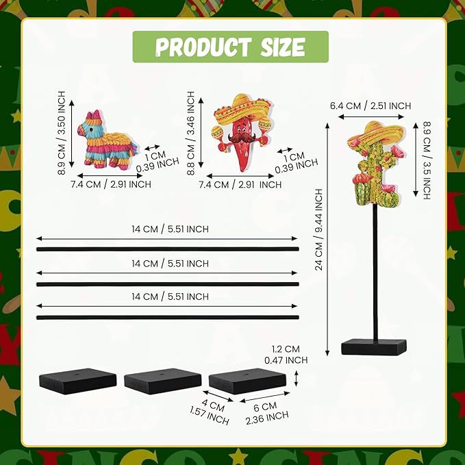 Smile Cinco De Mayo Tabletop Decor Mexican Fiesta Standing Figures (Cactus, Chili Pepper, Piñata) with Wooden Base & Sticks for Tiered Tray & Party Display
