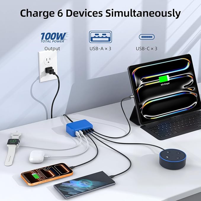 6 in 1 USB Charger, Charging Station for Multiple Devices, 100W Fast Charging Blocks with Type C Ports, USB Charging Hub Organizer Multiport Power Strip for iPhone, Ipad, Kindle, Travel Accessories