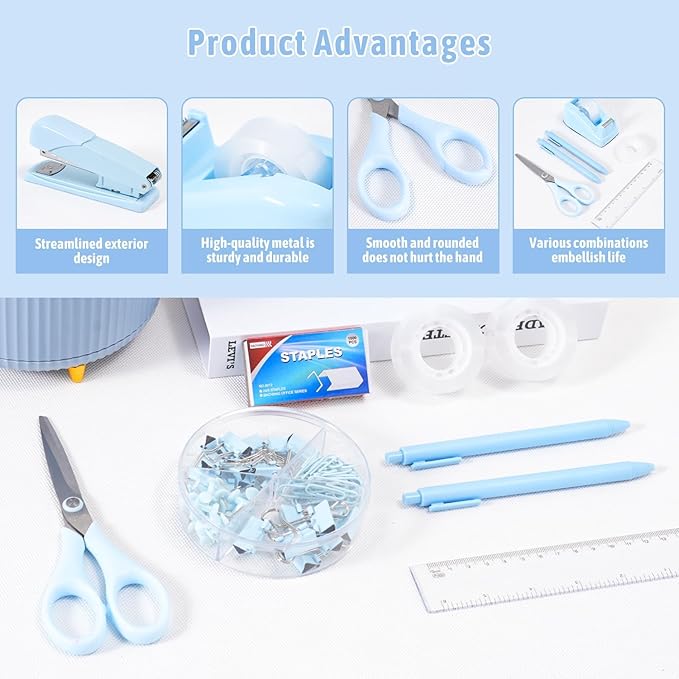 Blue Desk Accessories 12Pcs Set, Cute Office Supplies Decor for Women, 360° Rotating Pen Holder Organizer with Stapler, Tape Dispenser, Staple Remover, Staples, Tape, Clips Set, Ruler, Scissor, Pen