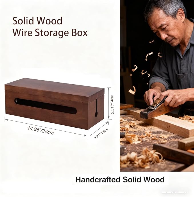 Solid Wood Cable Management Box, Cord Organizer & Power Strip Hider, Decorative Wire Storage Box for Home Office, TV, Desk, Router – Handcrafted Cord Concealer for Tidy Space