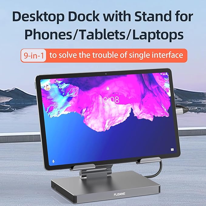 Aluminum Stand with 9-in-1 Type C Dock,100W PD,4K HDMI, Foldable for iPad Pro/Air, All-in-One Docking Station & Adjustable Holder, USB 3.0/Ethernet/SD Reader