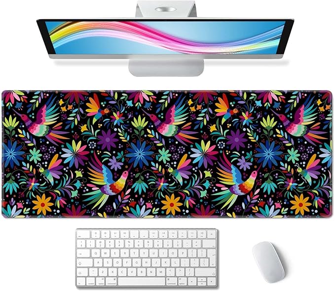 Ornate Ethnic Mexican Patter Desk Mat Black Large Extended Mouse Pad XL Desk Pad Gaming Mousepad Keyboard Mouse Mat for Computer Laptop 31.5''X11.8'' Non-Slip Rubber Base with Stitched Edges