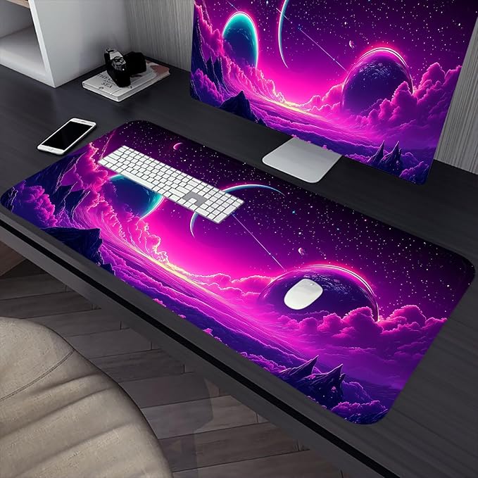 Purple Moon Gaming Mouse Pad Pink Sky Sea Clouds Fog Mountains Extended Gaming Mouse Pad Mat with Stitched Edge Non-Slip Base Big Mouse Pad 31.5"x11.8" Office Computer Keyboard Laptop Home