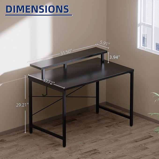 Pamray 32 Inch Small Computer Desk with Monitor Stand, Simple Office Desk with Headphone Hook for Small Spaces, Kids Study Writing Table for Bedroom, Vintage