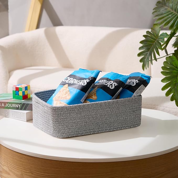 MiniArk Large Shallow Organizing Baskets 15x11x5.1 Inches - Rope Woven Storage Bins for Bathroom, Shelves, Cube Closet, Mixed Grey 4 Packs