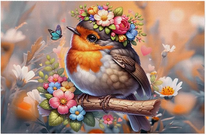 Placemats Set of 4 Heat-Resistant Rectangle Place Mats Robin Bird Cute Washable Plastic PVC Dining Table Mat Non-Slip Wipeable Woven Vinyl Placemat for Kitchen Patio Table Decor
