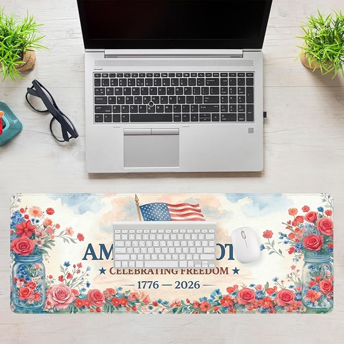 America 250 Gaming Mouse Pad Flowers Floral America Flag Large Gaming Mouse Mat with Stitched Edges,Non-Slip Waterproof Rubber Base Mous Mat 31.5x11.8 Inch