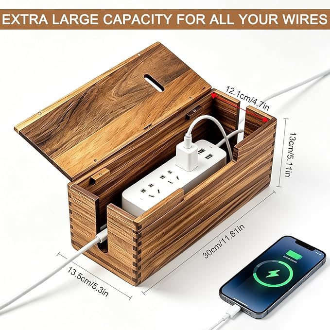 Acacia Wood Cable Management Box - Cord Hider Box for Power Strip, Cable Hider for Desk & Floor TV Wires, Decorative Wire Storage Box for Office, Home Under Desk Cable Storage Box