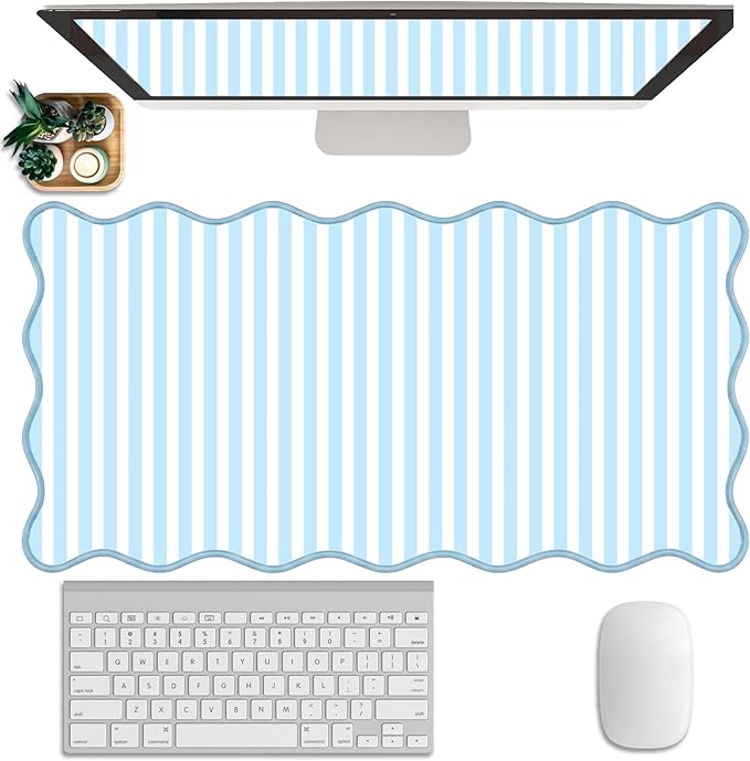 Scalloped Desk Mat Extended Large Cute Striped Mouse Pad Big Desk Pad XXL Aesthetic Stripe Mousepad Gaming Mouse Pad for Keyboard Computer Laptop Home Office Accessories 31.5X15.7Inches Blue White