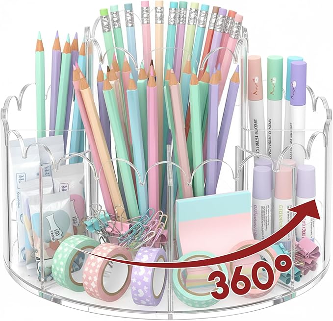 Scalloped Acrylic Pencil Holder Desk Organizer with 9 Compartments 360 Degree Rotating Pencil Organizer Desktop Storage Caddy for Pen Crayon Marker Art Supply for Office Home School