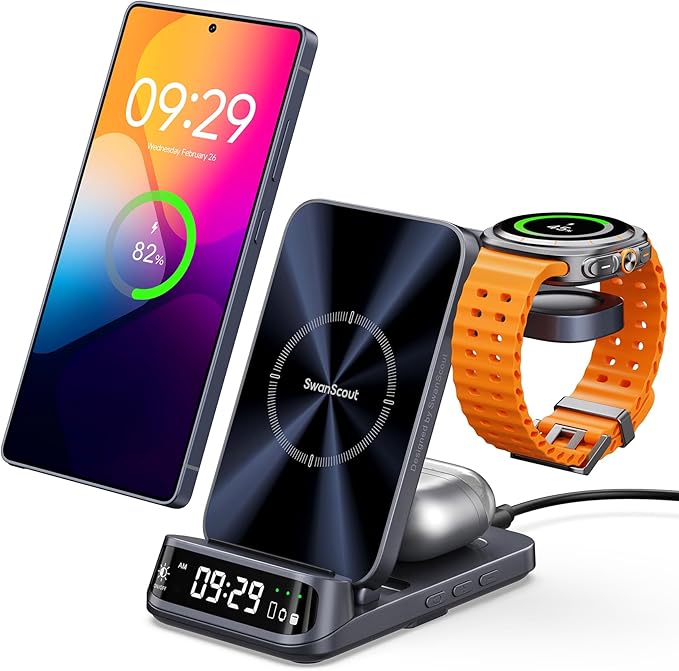 SwanScout 3-in-1 Wireless Charging Station for Samsung S25 Ultra/S25/S24/S23/S22/Z Flip7, Foldable Wireless Charger for Galaxy Watch 8 Classic/8/Ultra/7/FE/6/5, SwanScout 708S (No Adapter)