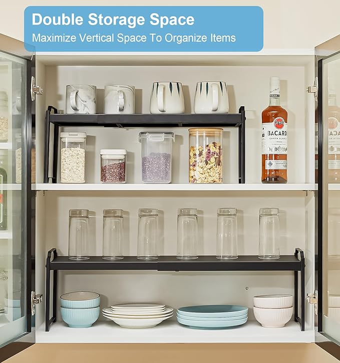 Set of 2 Expandable Kitchen Cabinet Shelf Organizer, Stackable Countertop Cabinet Storage Shelves Organizers For Spice Plate Dish Mug Cups, Adjustable Counter Cupboard Pantry Shelf Organizer