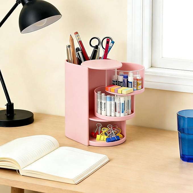3-Layer Rotating Girls Hair Accessories Organizer Multi-Function Hair Brush Holder Makeup Organizer, Desktop Storage for Hair Clips, Hair Ties, Combs, Jewelry & Stationery (Pink)