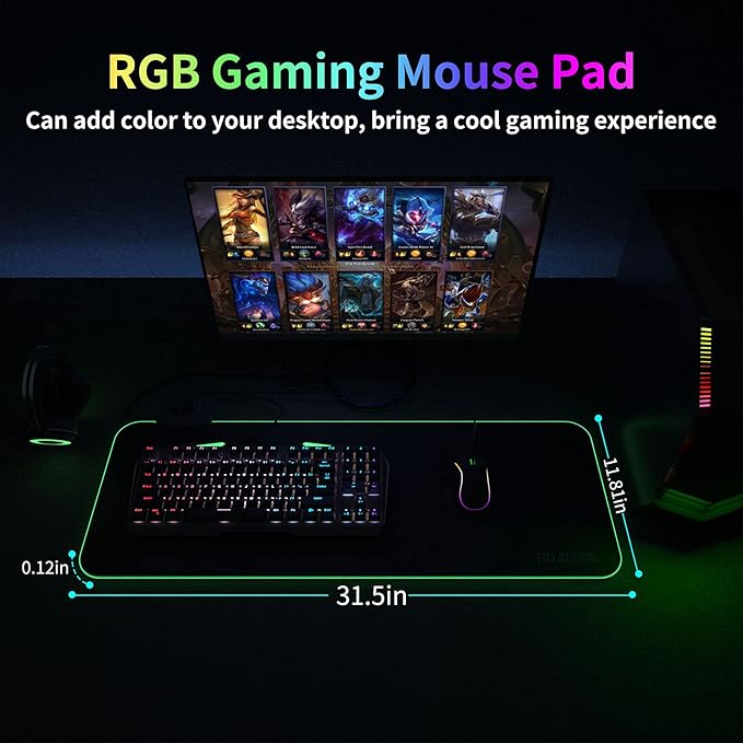 RGB Large Gaming Mouse Pad with 4Port USB Hub and 13Lighting Modes, Computer Keyboard Mouse Pad, Oversize Anti-Slip Rubber Base Mouse Mat for Computer PC Games (31.5 x 11.81 in Black,0.15in Thick)