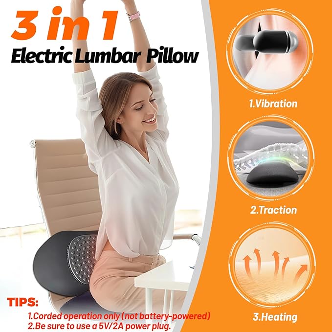 3 in 1 Lumbar Pillow，Smooth Triple Fusion Electric Back Massager with Vibration & Heat for Bed,Chair