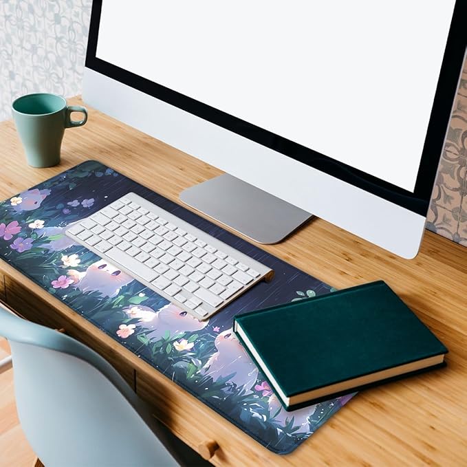 Animation Mouse Pad White Cat Rain Playing Flowers Plants Mousepad Extended Large Laptop Keyboard Non-Slip Rubber Base with Stitched Edges for Home 31.5x11.8 in