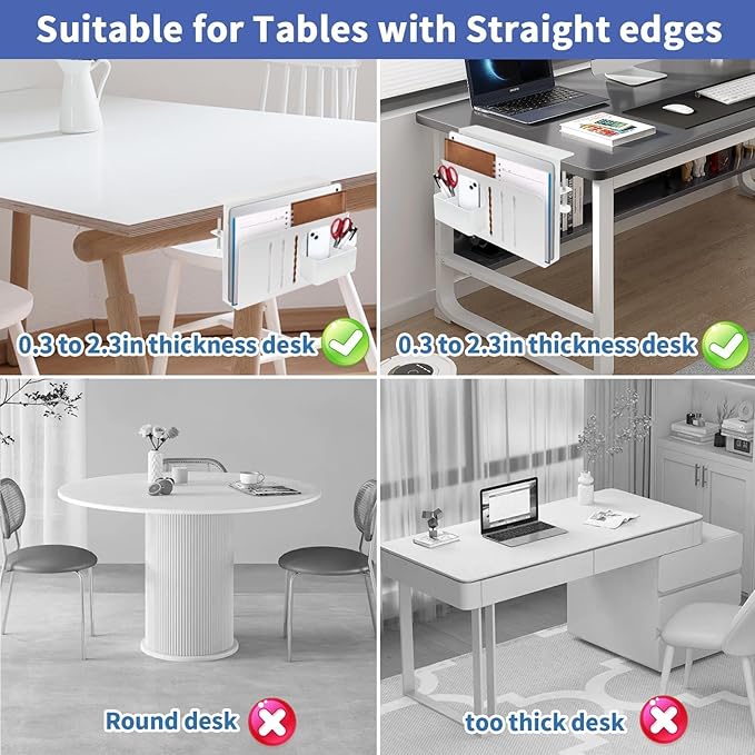 Desk Side Storage Organizer, Under Desk Laptop Holder with Magnetic Pen Holder, No Drill Hanging Desk Caddy for Office & Home, Clamp On Desk Shelf for Tablet, Files, Accessories (White)