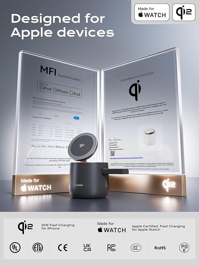 THREEKEY 4 in 1 Qi2 Magnetic Wireless Charging Station for MagSafe, 15W Fast Charger with Made for Apple Watch Charging Module, for iPhone 17–12 Series & AirPods, 65W Adapter Included