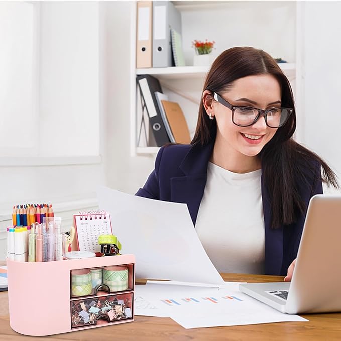 Meiikun Desk Organizer with Drawer, Pen Organizer for Desk, Small Pencil Holder, Desk Organizers and Accessories for Office Home Storage (2 Drawers+4 Compartments, Pink)