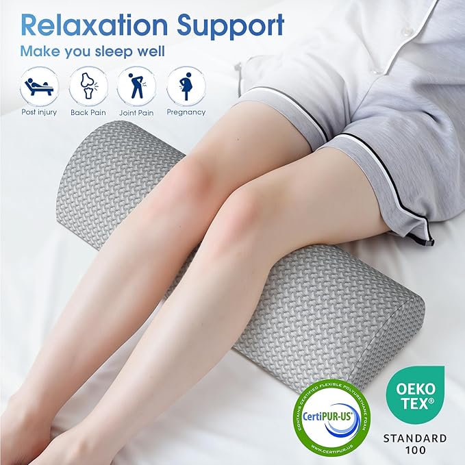TranquilRelax Knee Pillow for Back Sleeping Memory Foam Half Moon Bolster Pillow for Legs, Under Knee Support, Ankle & Foot Comfort Orthopedic Pillow for Side Sleepers (Grey, 20.4" x 8" x 4.9")