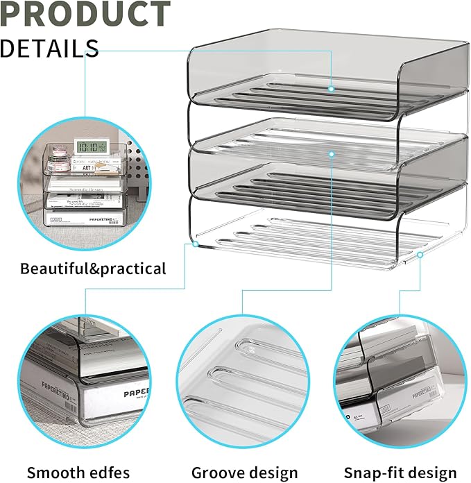 FANXIYQ 4-Tier Horizontal Acrylic Paper Tray Organizer | Clear Stackable Desk Organizer for Documents, Letters, A4 Paper | Modern Office/Classroom/Home Organization,Clear&Brown