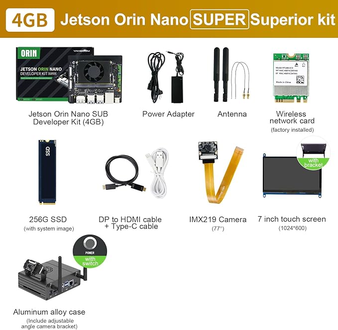 Yahboom Jetson Orin Nano 4GB Super Development Board, Jetson Aluminum Case, AI Large Model Voice Module, Python Programming