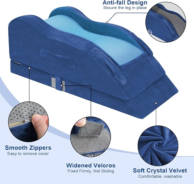 KingPavonini Adjustable Leg Elevation Pillows for After Surgery, Ergonomic Curve Keeps Knee Straight, Memory Foam Leg Pillow Elevation for Blood Circulation, Swelling and Pain Relief (Blue)