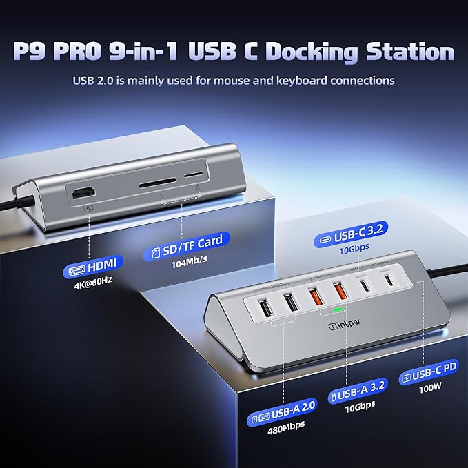 intpw USB C Hub, P9 PRO USB C Hub Multiport Adapter with 4K HDMI, PD 100W, Type-C & 2 USB A 3.2 10Gbps, 2 USB A 2.0, SD/TF Card Reader, Aluminum USB Hub for Laptop, iPhone 17 Series, MacBook, iPad