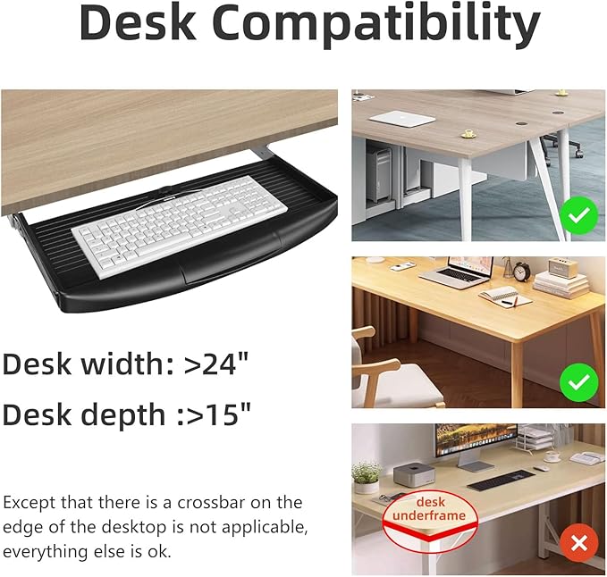 22"Wx11"D Under Desk Keyboard Tray Slide Out, Pull Out Keyboard Tray for Desk, Keyboard Holder Under Desk,Sturdy Keyboard Shelf Under Desk, Black Keyboard Drawer Desk Extender