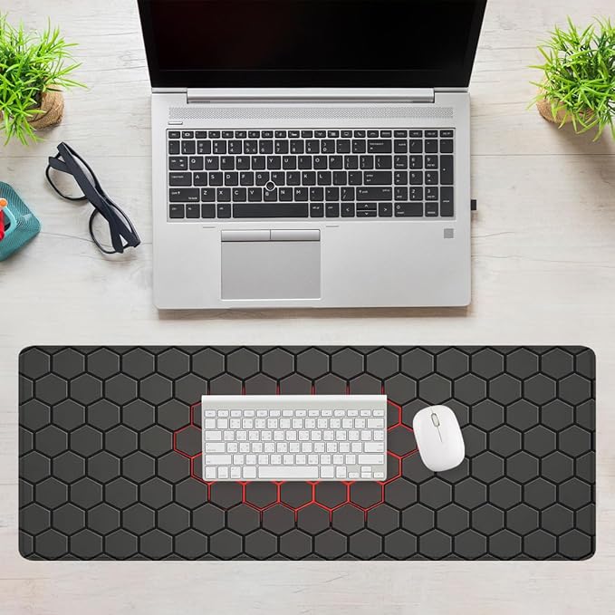 Red Hexagon Mouse Pad Dark Gaming Tech Grid Large Gaming Mouse Mat with Stitched Edges,Non-Slip Waterproof Rubber Base Mous Mat 31.5x11.8 Inch