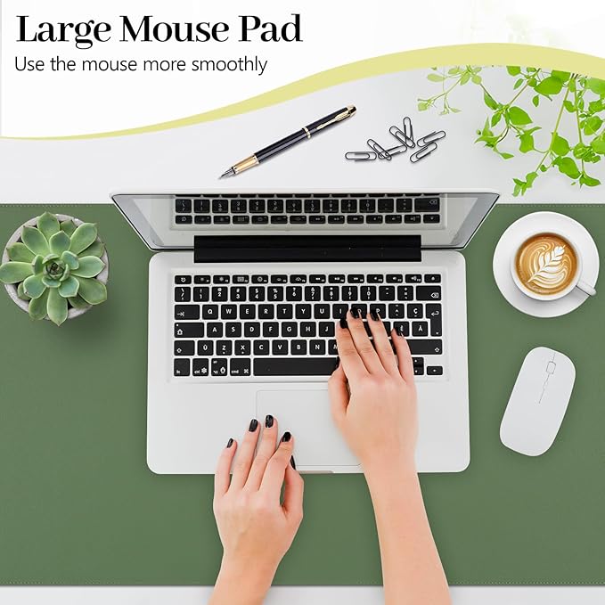 Olive Green Leather Desk Mat Large Mouse Pad, Waterproof Desk Pad for Keyboard and Mouse, Non-Slip Computer Desk Protector, Smooth Mouse Movement Desk Mat for Home and Office(31.5"×15.7")