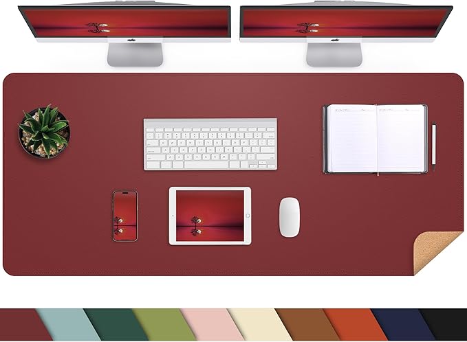 AFIING Cork Desk Mat 47" x 17", Dual-Sided Natural Cork & PU Leather Desk Pad, Non-Slip Waterproof Large Mouse Pad for Office, Home & Gaming (Red)