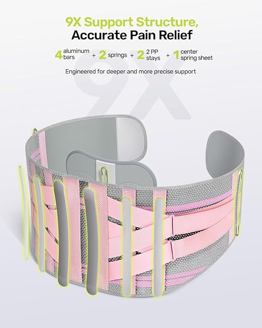 Rakiie Back Brace for Lower Back Pain Women with 9X Support System, Ergonomic Lumbar Support for Pain Relief, Breathable Mesh Design with 3D Silicone Pad for Sciatica, Pink Size XXL (Waist: 43.3" – 52.4")