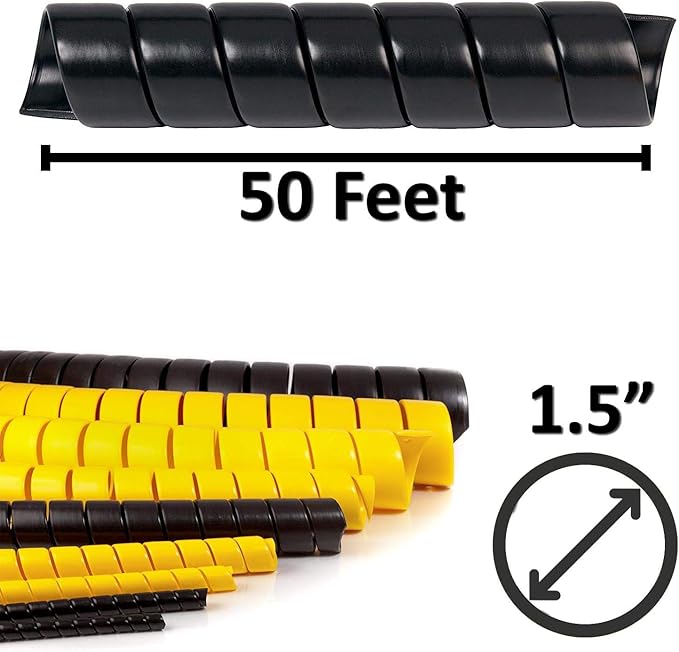 Electriduct 1.5 Inch Heavy Duty Spiral Wrap HDPE Flexible Plastic Cable Sleeve Hose Protector 50 Feet - Black
